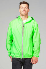 Green fluo full zip packable rain jacket and windbreaker