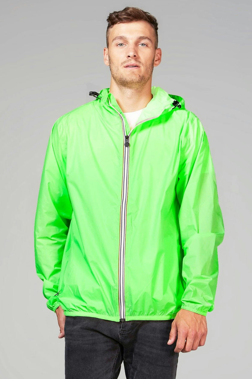 Green fluo full zip packable rain jacket and windbreaker