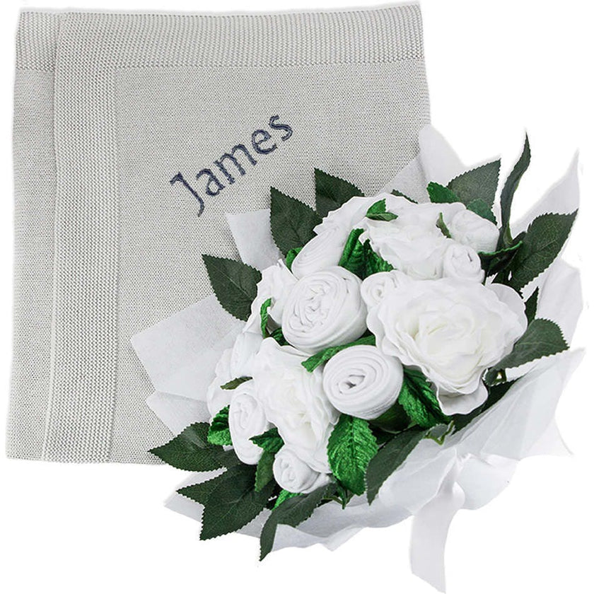 Luxury Rose Baby Clothes Bouquet and Personalized Baby Blanket