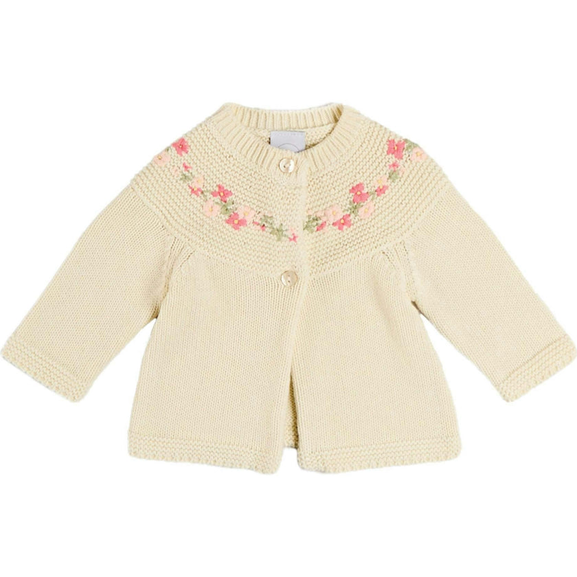 Wildflower Embroidered Two Button Cotton Newborn Cardigan in Cream (1-9mths)