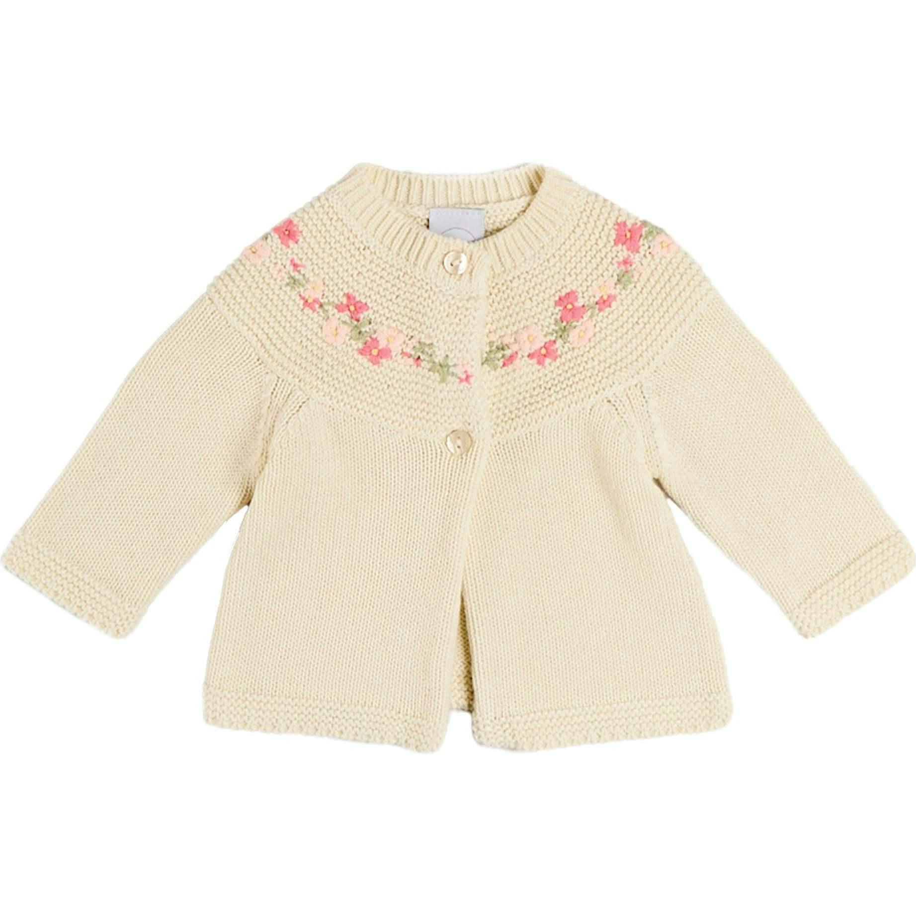 Wildflower Embroidered Two Button Cotton Newborn Cardigan in Cream (1-9mths)