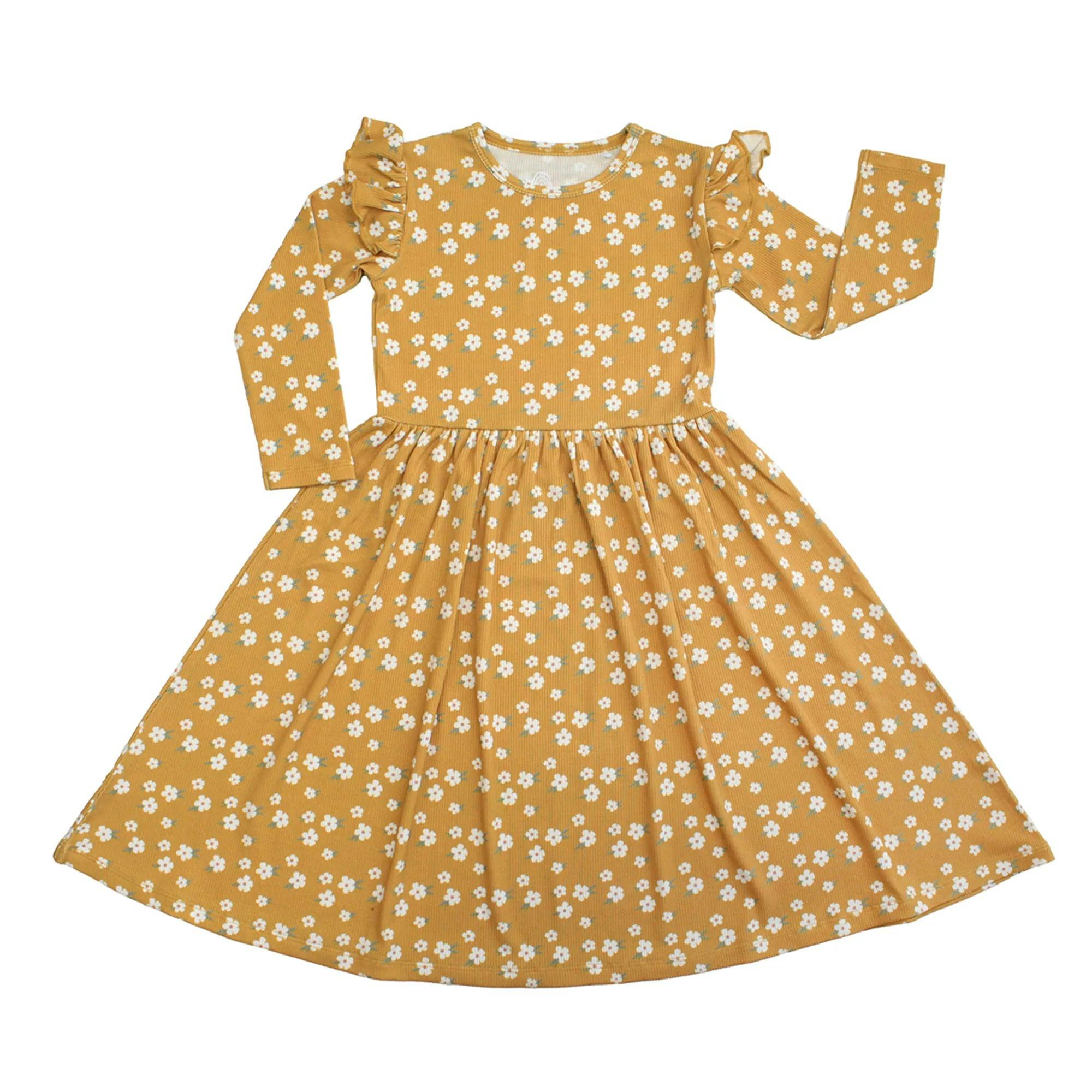 Golden Blooms Long Sleeve Ribbed Bamboo Twirl Dress