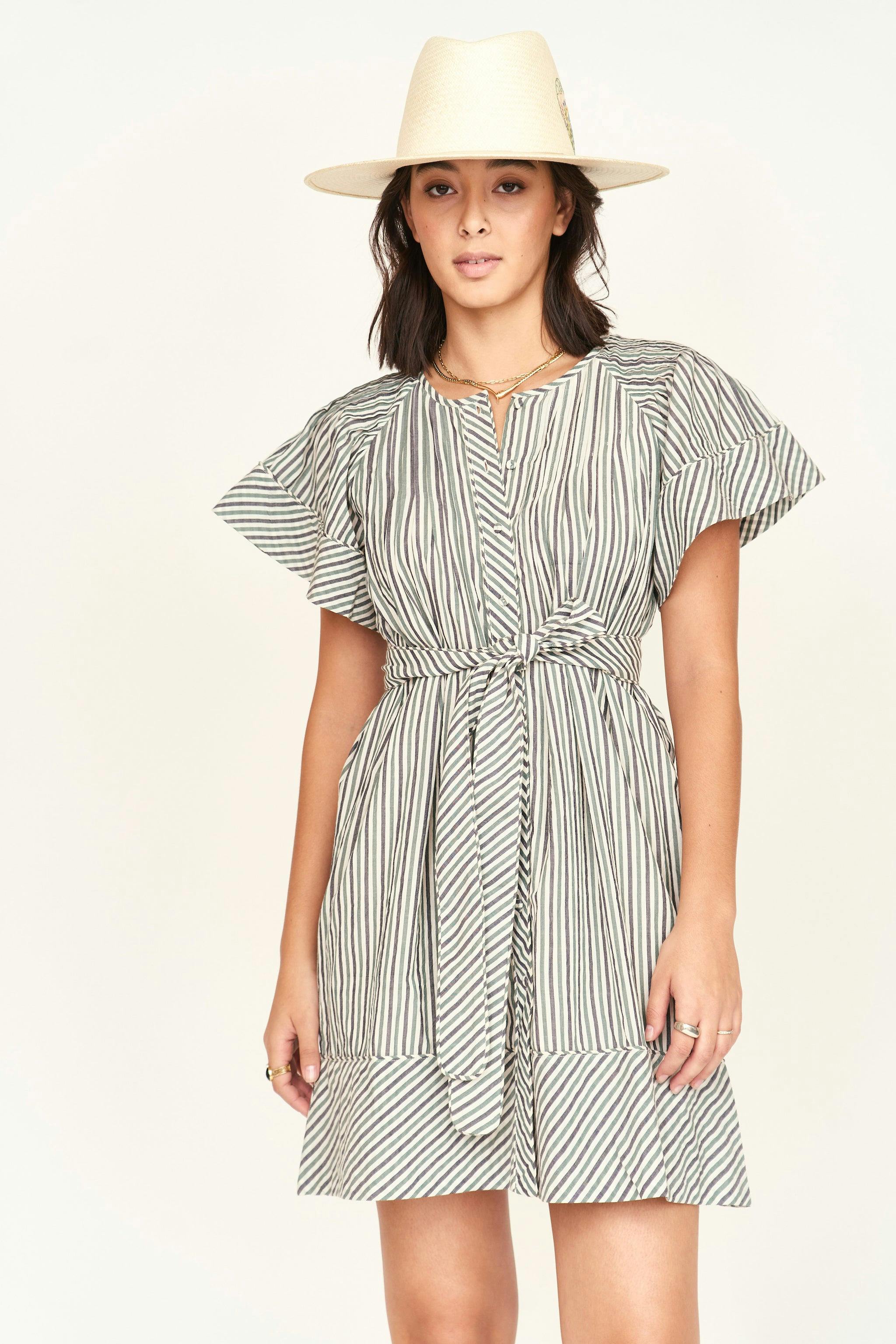Vienna Pintuck Dress in Dune Stripe