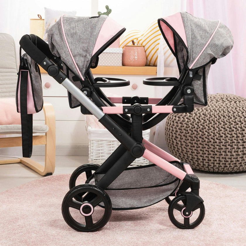 Bayer Design Dolls: Xeo Twin Pram - Grey & Pink