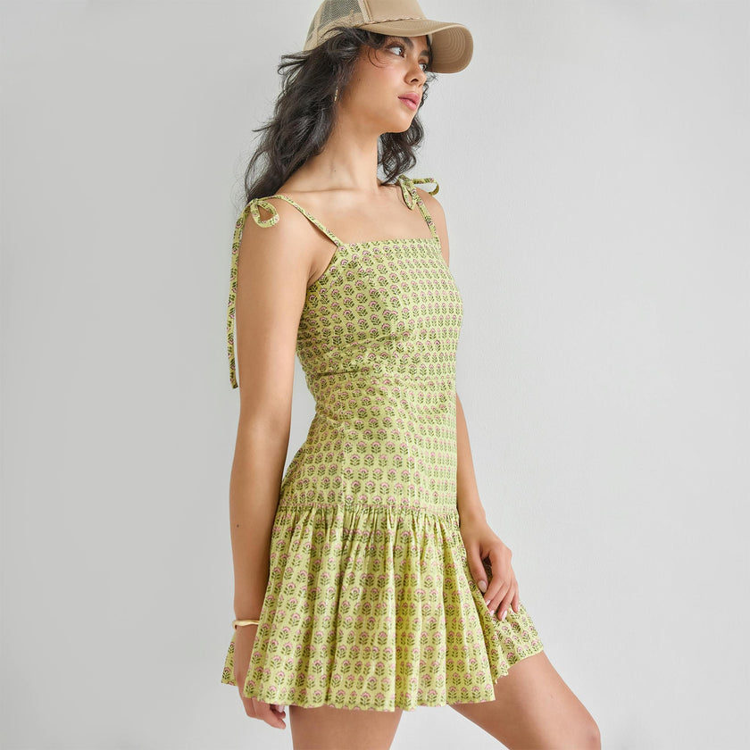 Womens Short Marilyn Dress - Green Prairie Block Print