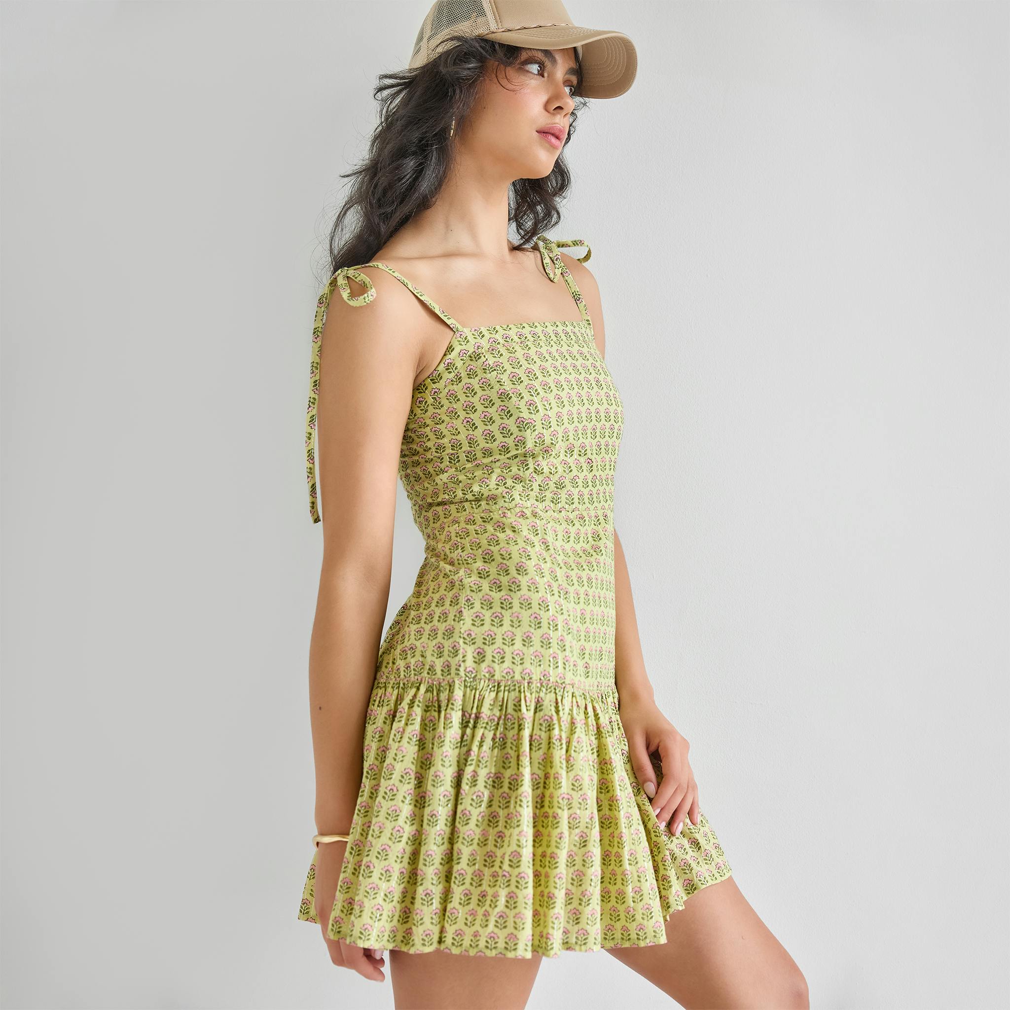 Womens Short Marilyn Dress - Green Prairie Block Print