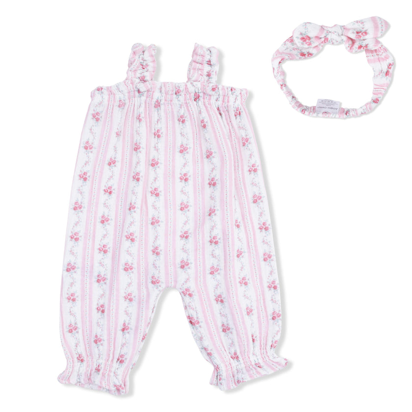 Winding Roses Stripe - Ruffly Strap Overall & Headband