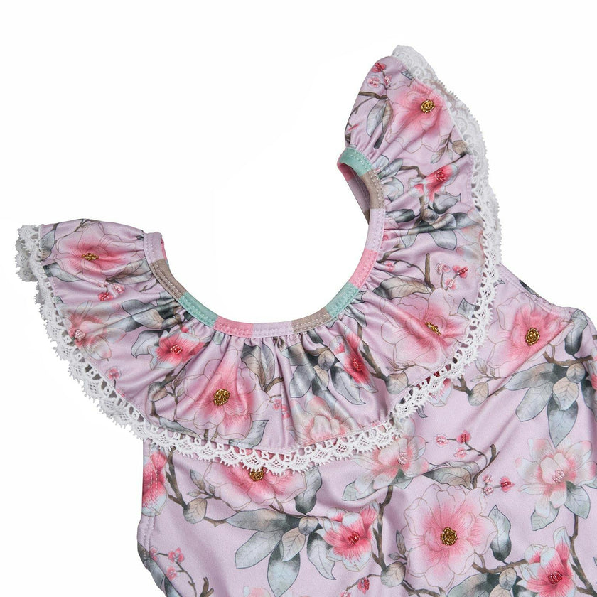 Girls Ruffle Neck One Piece Swimsuit (Petal Print)