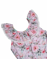 Girls Ruffle Neck One Piece Swimsuit (Petal Print)