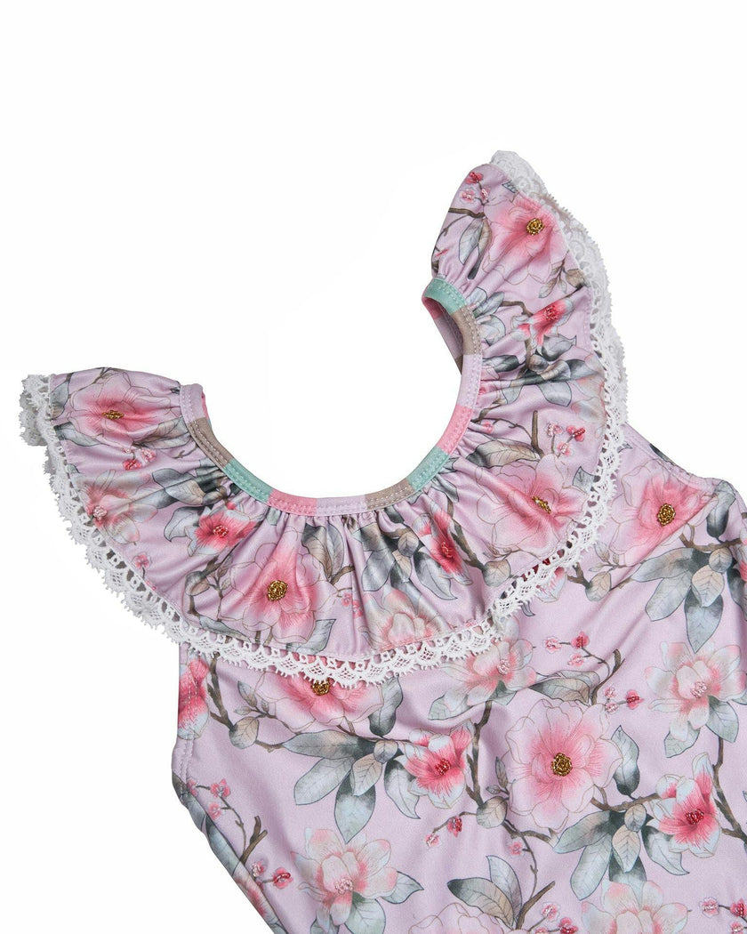 Girls Ruffle Neck One Piece Swimsuit (Petal Print)
