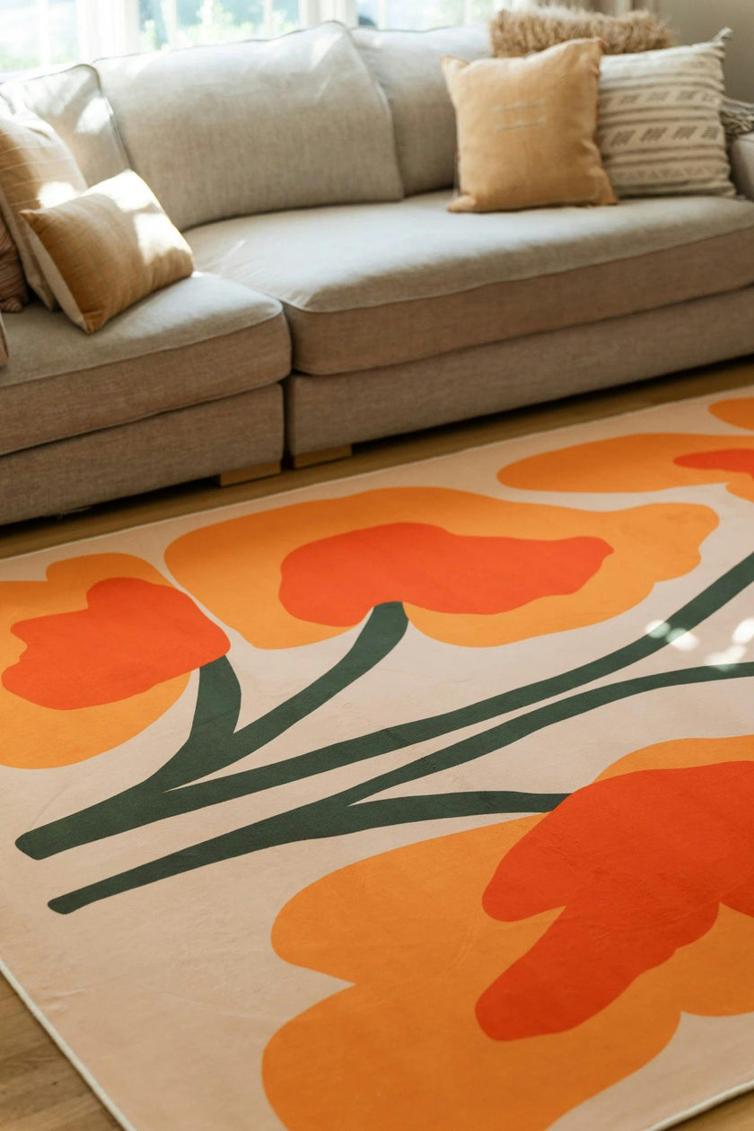 Orange Abstract Floral Sprig Rug by Sophie Deller