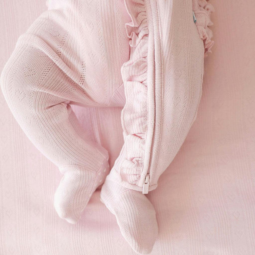 Icing Pink Pointelle Footie Ruffled Zippered One Piece