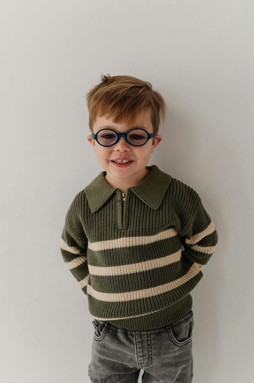 Boys Striped Zip Up Sweater in Woodland Moss Stripe