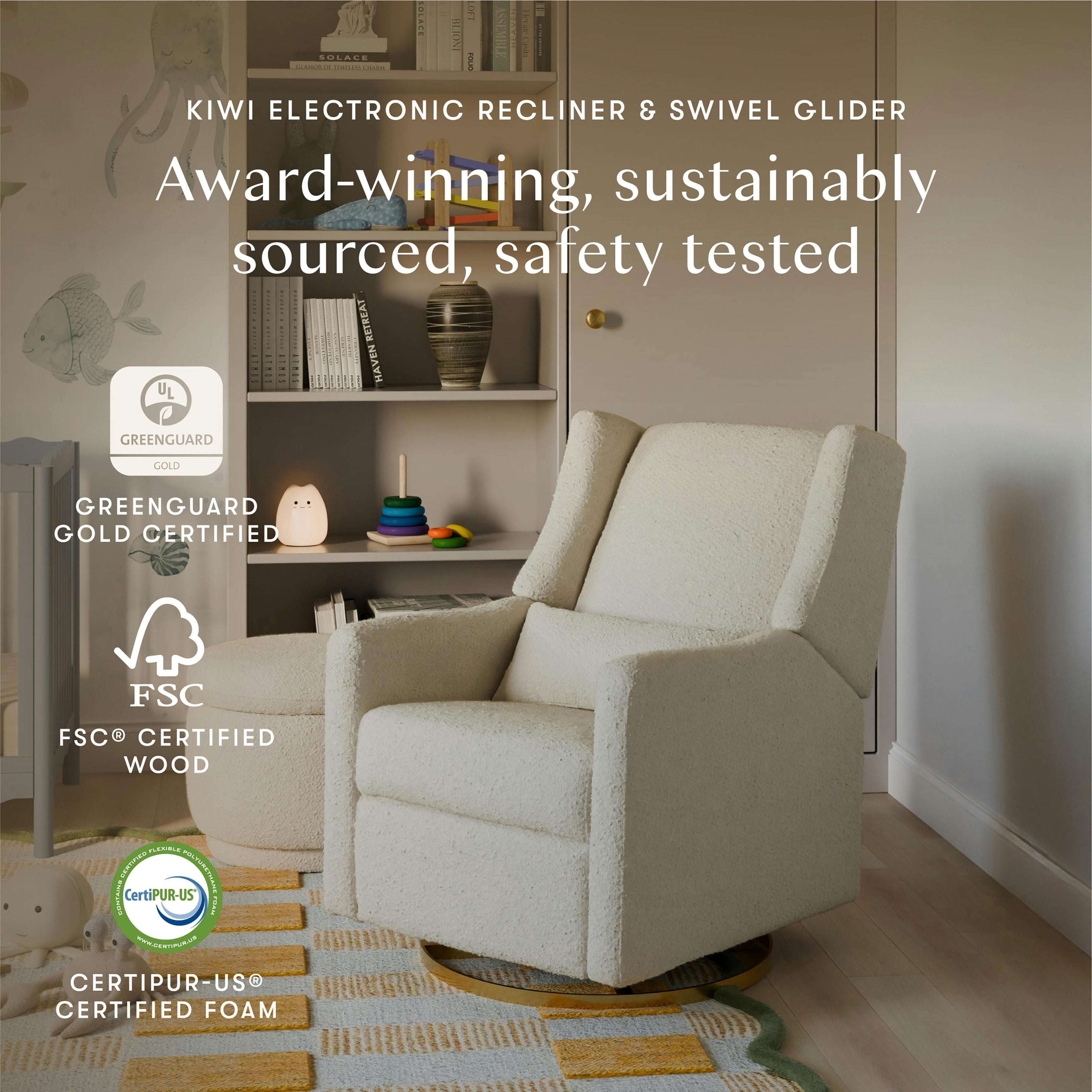 Kiwi Electronic Recliner and Swivel Glider with USB port in Ivory Boucle with Gold Base