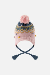Winter Peruvian Knit Hat With Pompom Pink And Blue Jacquard