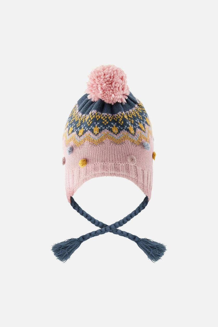 Winter Peruvian Knit Hat With Pompom Pink And Blue Jacquard