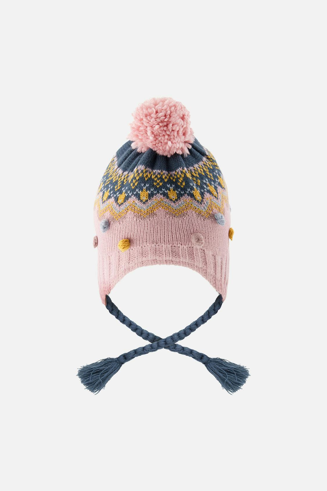 Winter Peruvian Knit Hat With Pompom Pink And Blue Jacquard