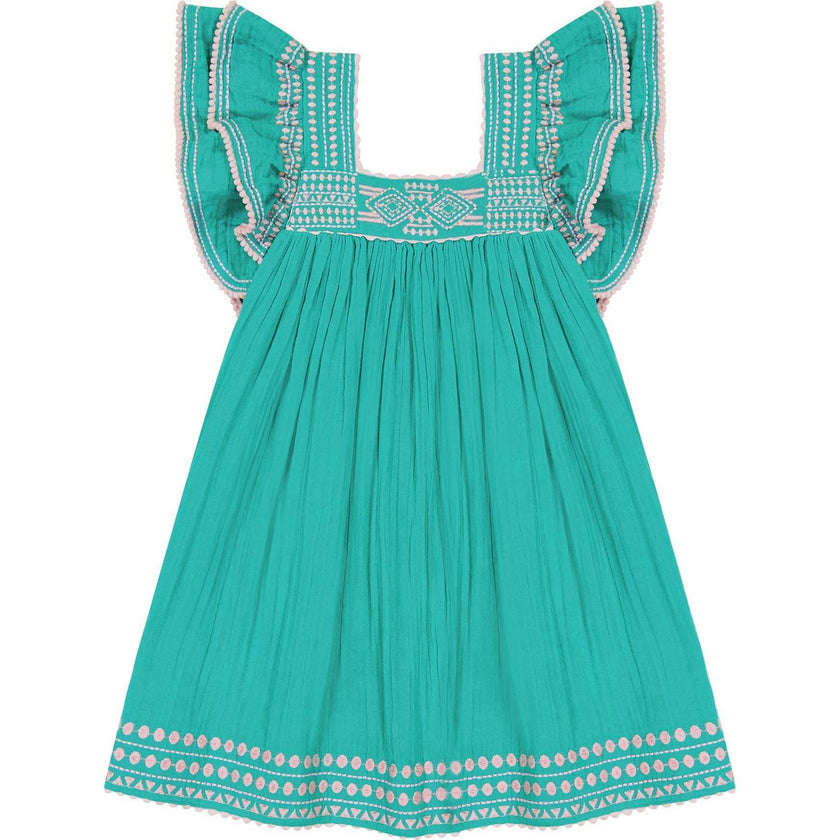 Serena Tassel Embroidered Double Flutter Sleeve Dress, Green