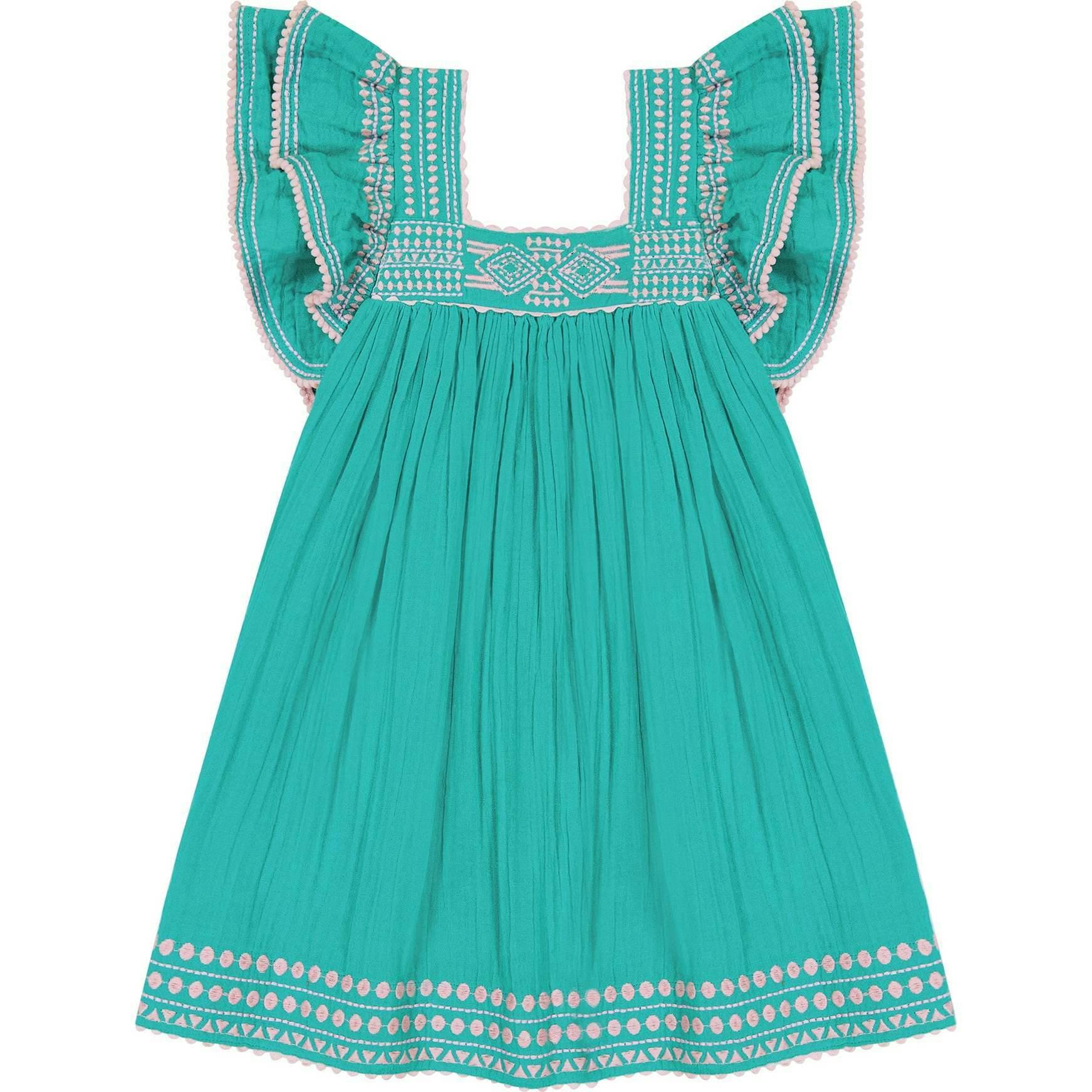 Serena Tassel Embroidered Double Flutter Sleeve Dress, Green