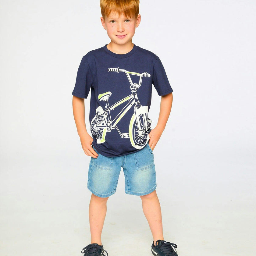 Organic Cotton Jersey T-Shirt With Bike Print Dark Blue