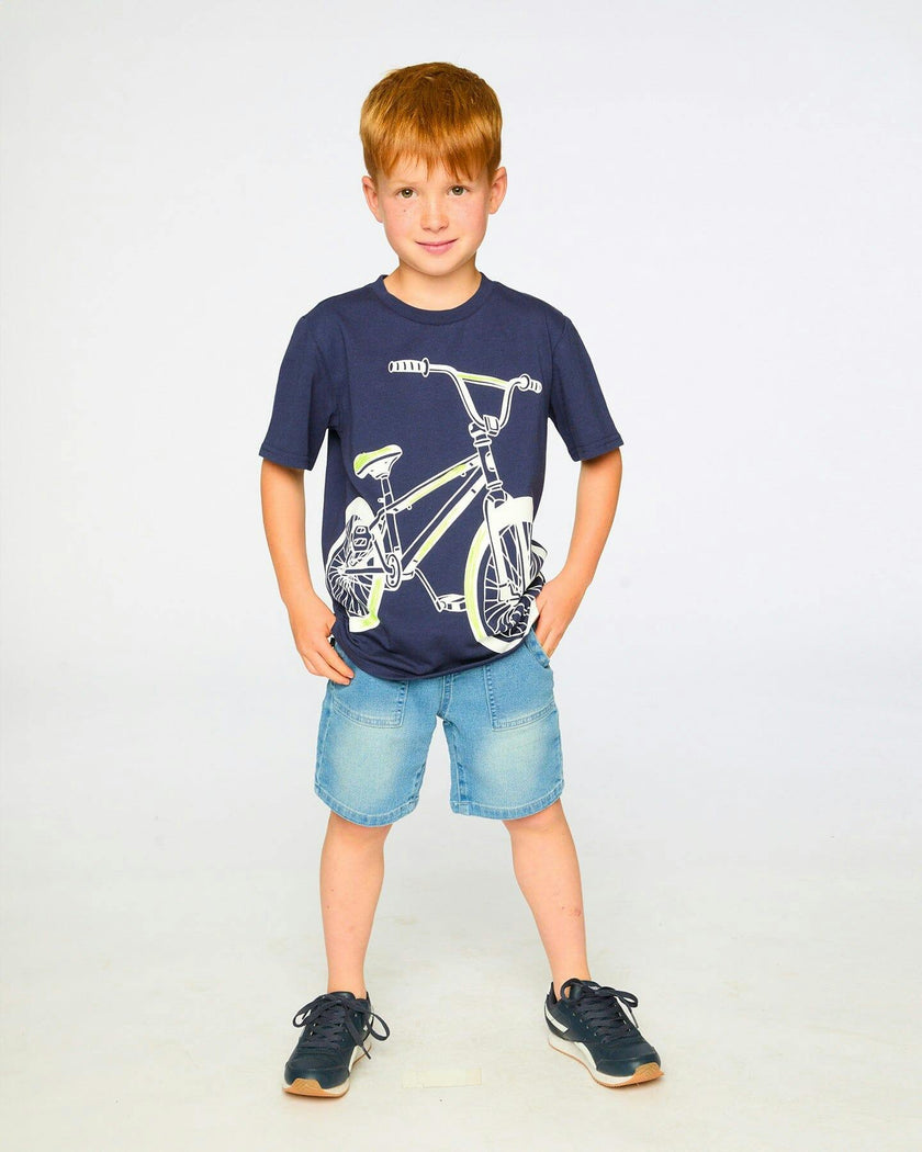 Organic Cotton Jersey T-Shirt With Bike Print Dark Blue