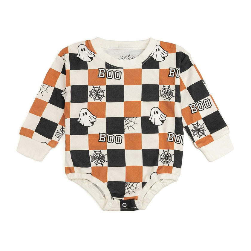 Boo Checkered Halloween Long Sleeve Romper