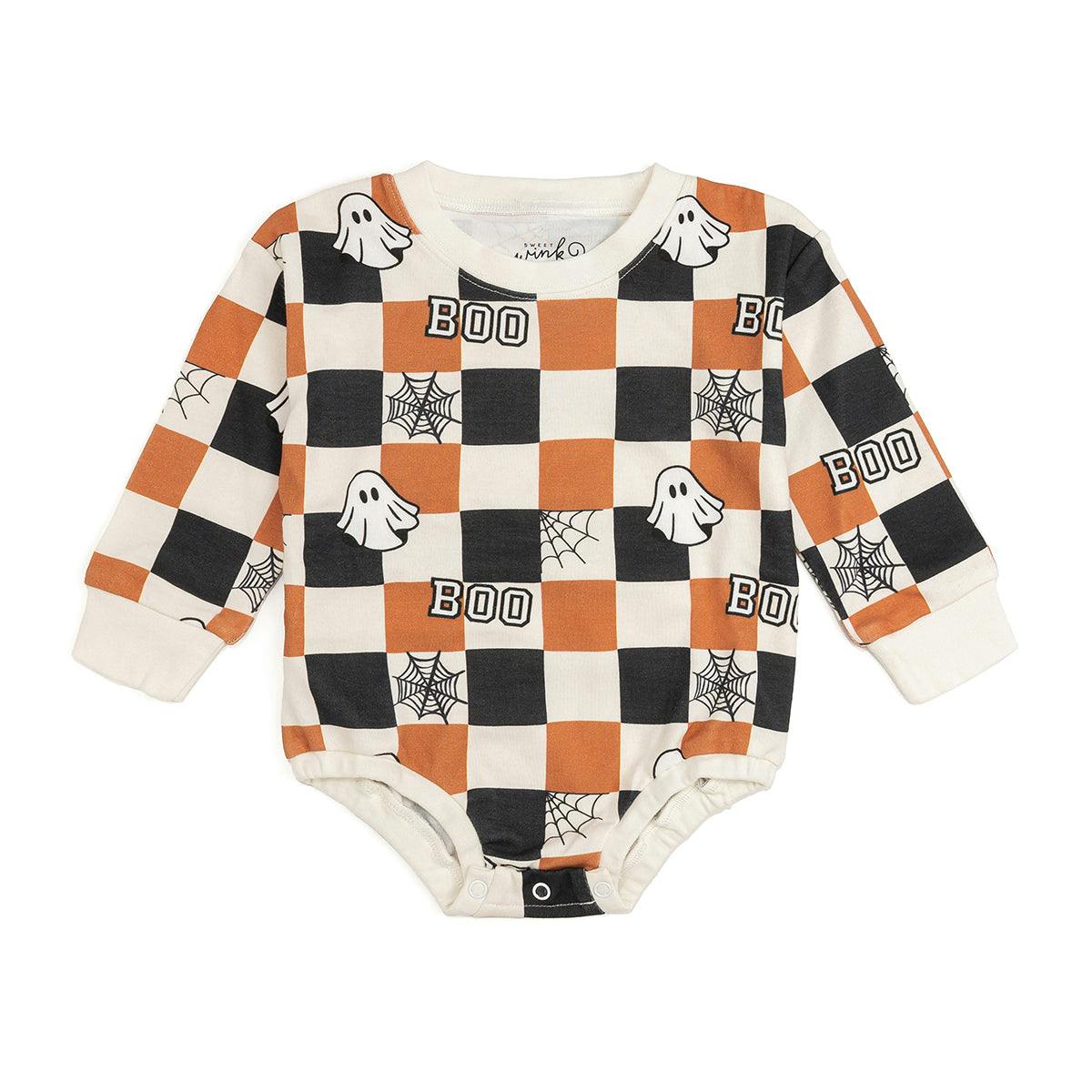 Boo Checkered Halloween Long Sleeve Romper