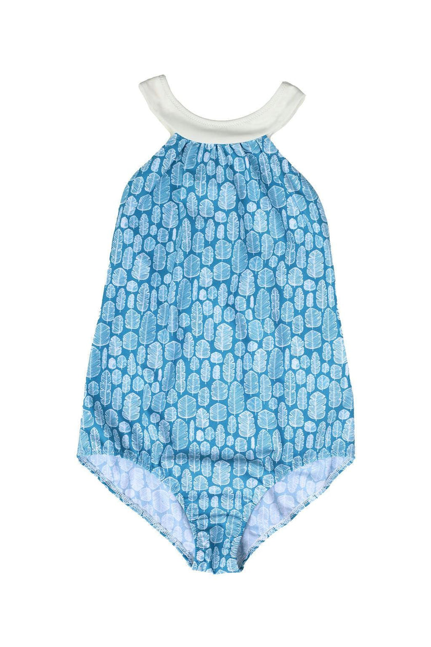 Scarlett One Piece Swimsuit Banana Leaves Print Sky Blue