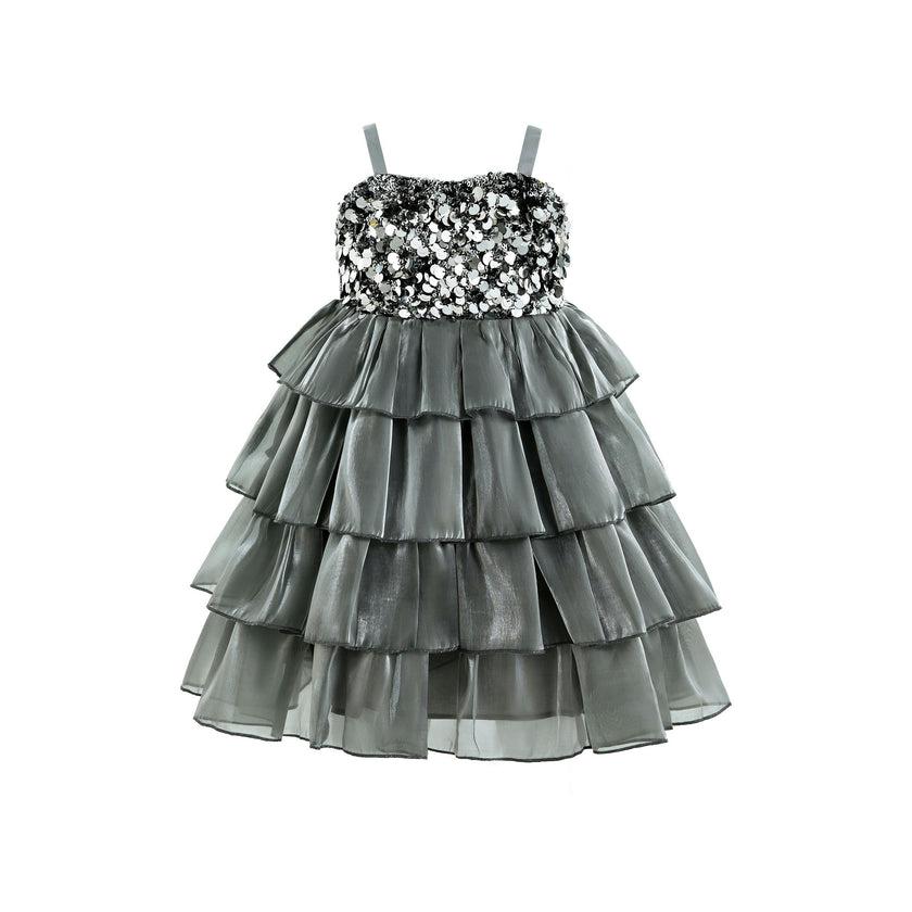 Grey Layered Tulle Sequin Sleeveless Dress