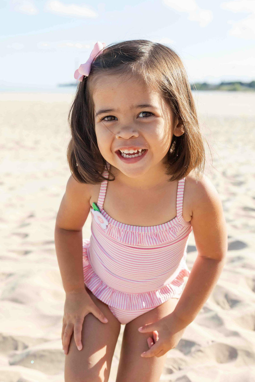 Stripe Seersucker Swimsuit with Flower