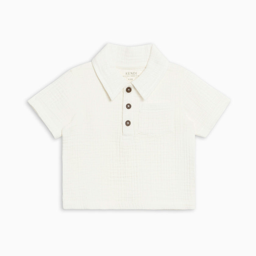 Ezra Muslin Short Sleeve Polo - Coconut