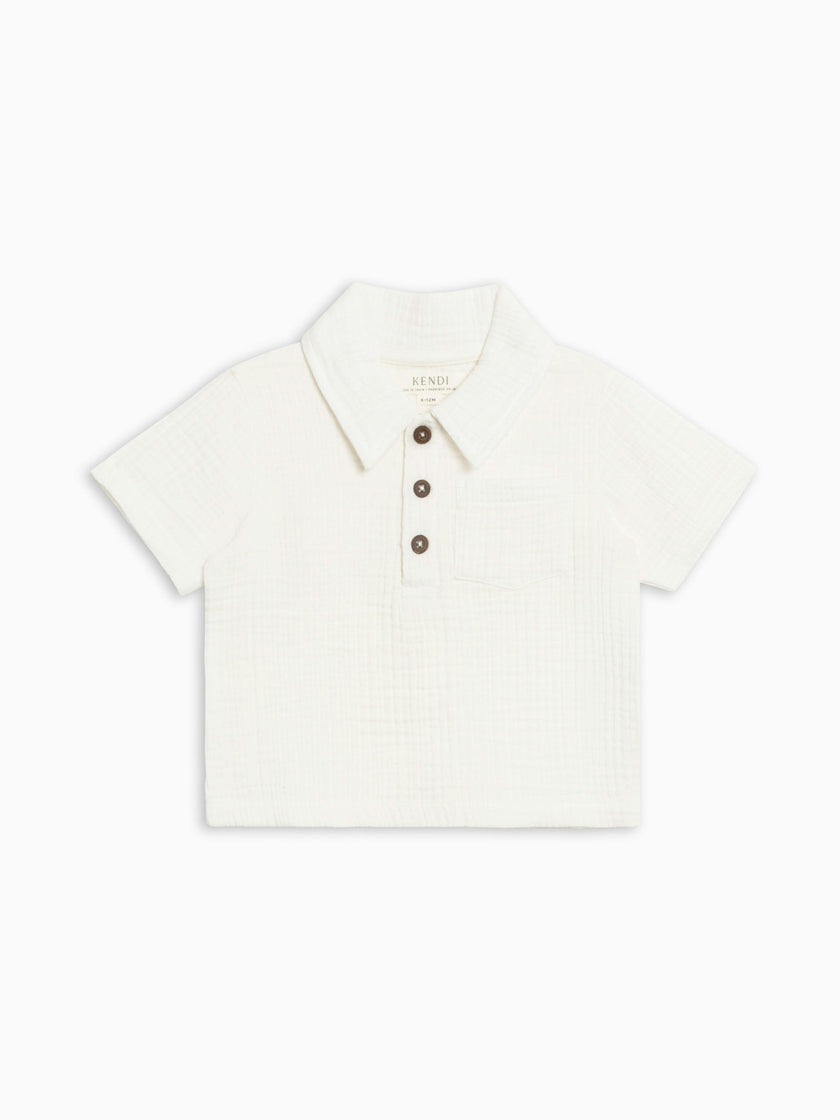 Ezra Muslin Short Sleeve Polo - Coconut