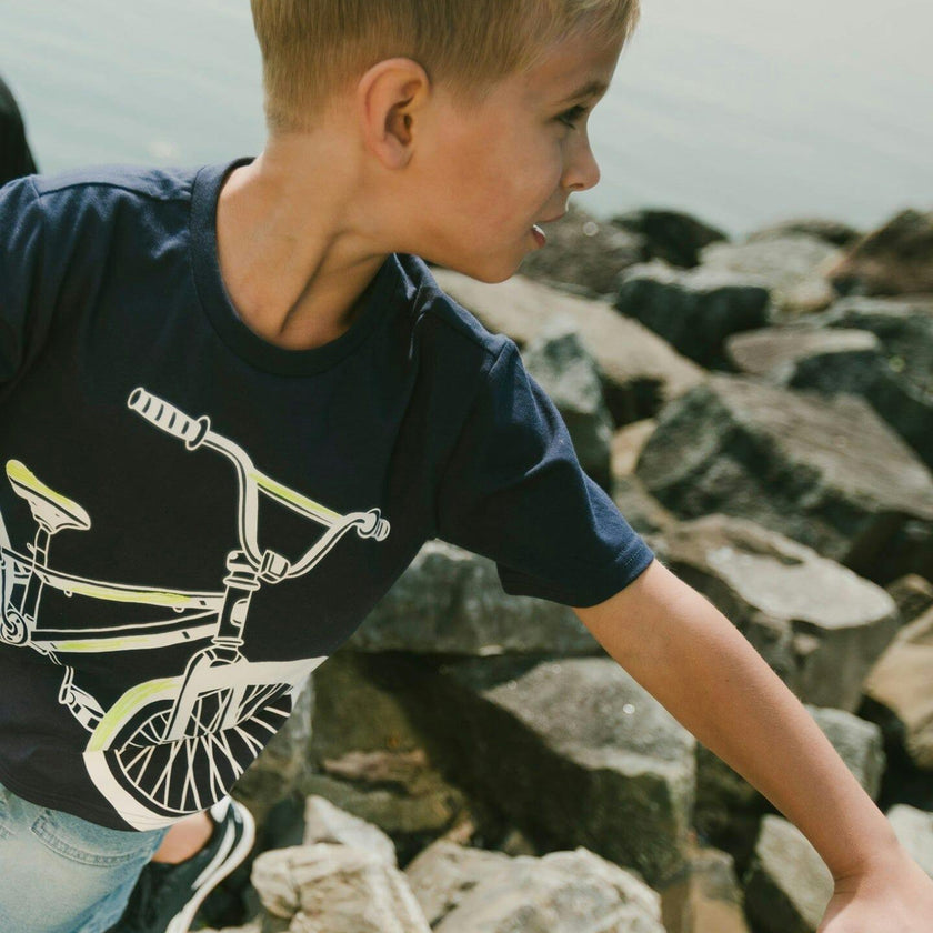 Organic Cotton Jersey T-Shirt With Bike Print Dark Blue