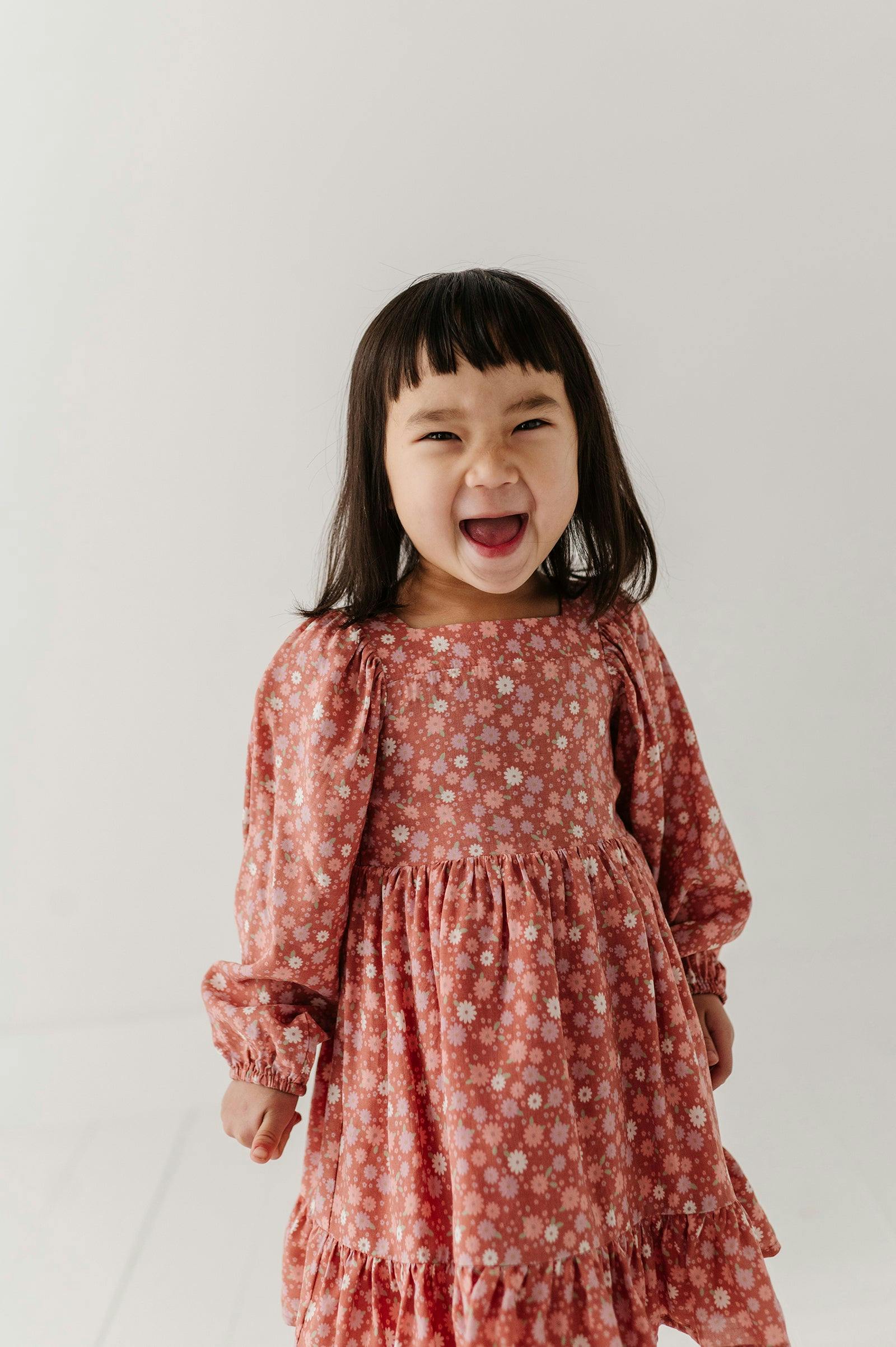 Girls Long Sleeve Viscose Dress in Tiny Petals