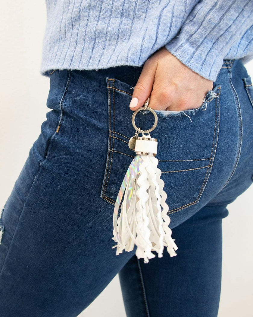 Packed Party More Metallic Portable Charging Tassel Keychain - Holographic Vegan Leather Keychain USB Charger Compatible with iPhone and Android, 1 Inch Keyring
