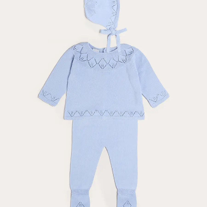 Diamond Openwork Three Piece Knitted Set in Light Blue (1-9mths)