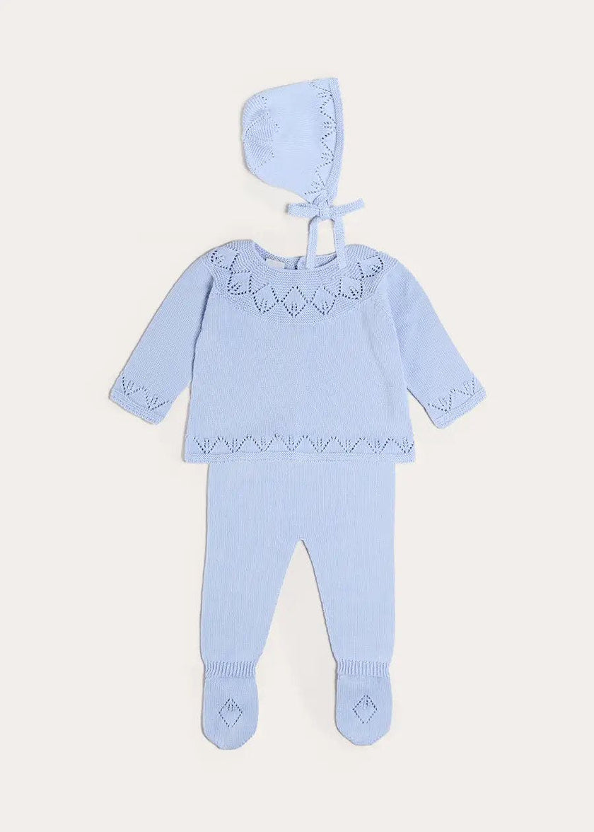 Diamond Openwork Three Piece Knitted Set in Light Blue (1-9mths)