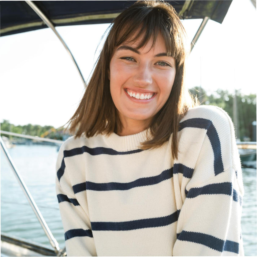 Women's Cream And Navy Wide Stripe Knit Sweater