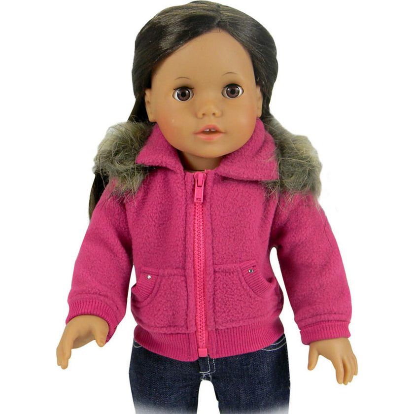 Sophia's Fleece Zip Up Sweatshirt with Faux faux fur Collar for 18" Dolls, Hot Pink