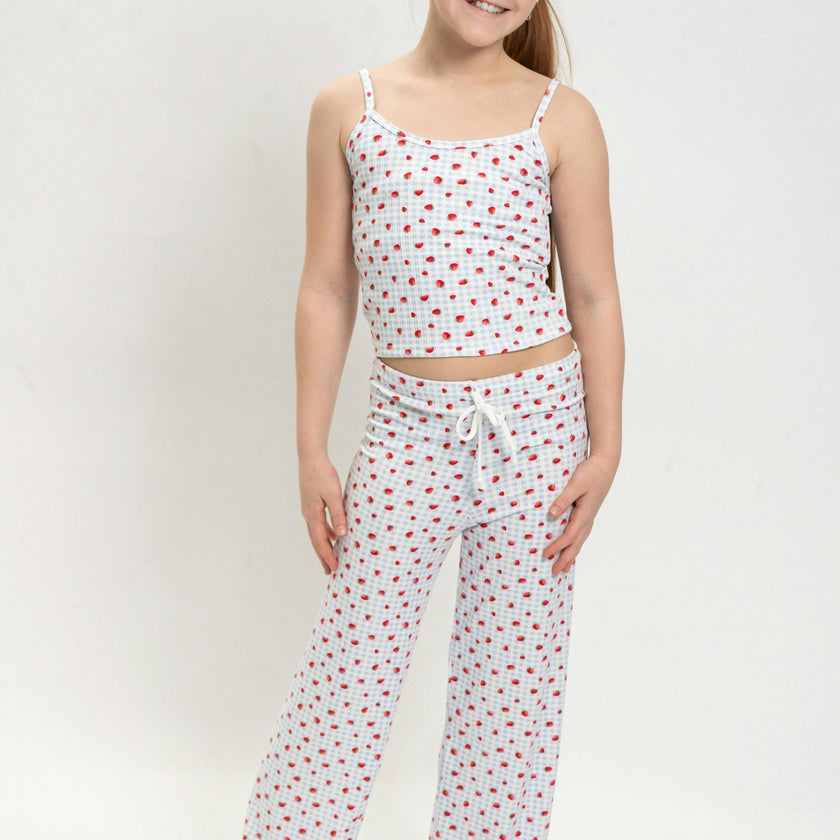Girls Strawberry Print Short Sleeve Top and Pants Set