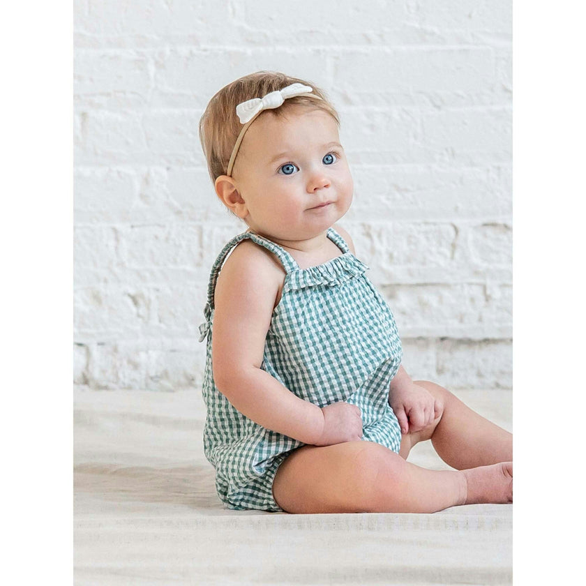 Rosalie Seersucker Ruffle Bubble Romper - Laguna Gingham