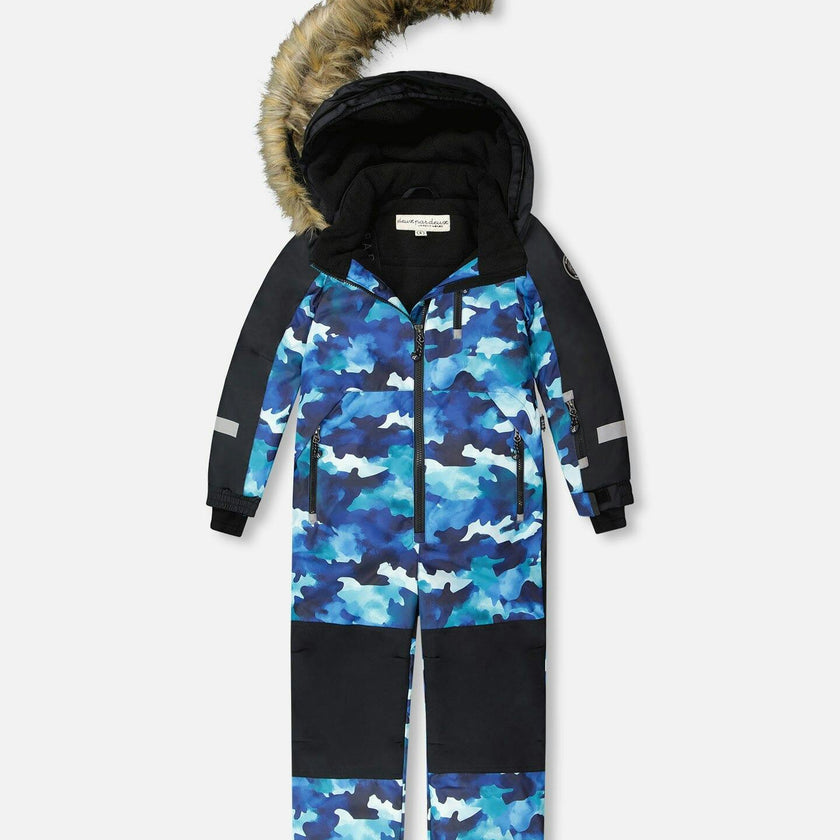 One-Piece Play Snowsuit Teal Blue Camouflage