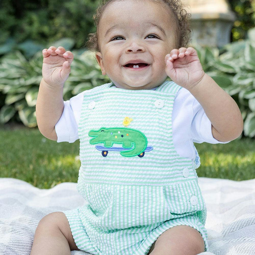 Seersucker Shortall With Skateboarding Gator