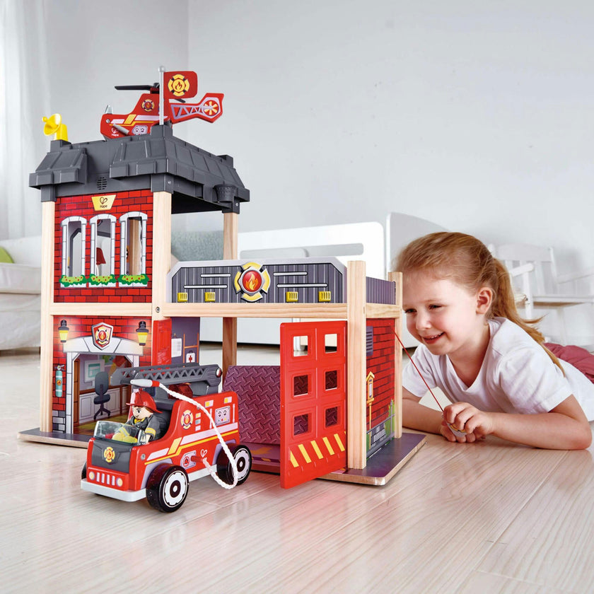 City Fire Station Dollhouse Wooden Playset
