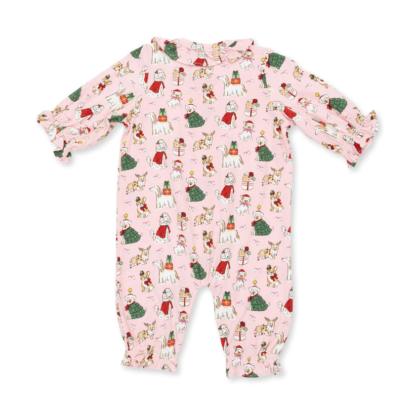 Christmas Dogs Pink - Long Sleeve Ruffle Collar Romper