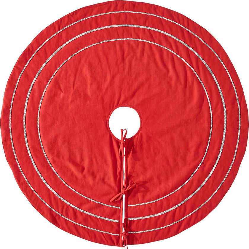 Concentric Nailhead Circles Christmas Tree Skirt in Red Linen - 60"