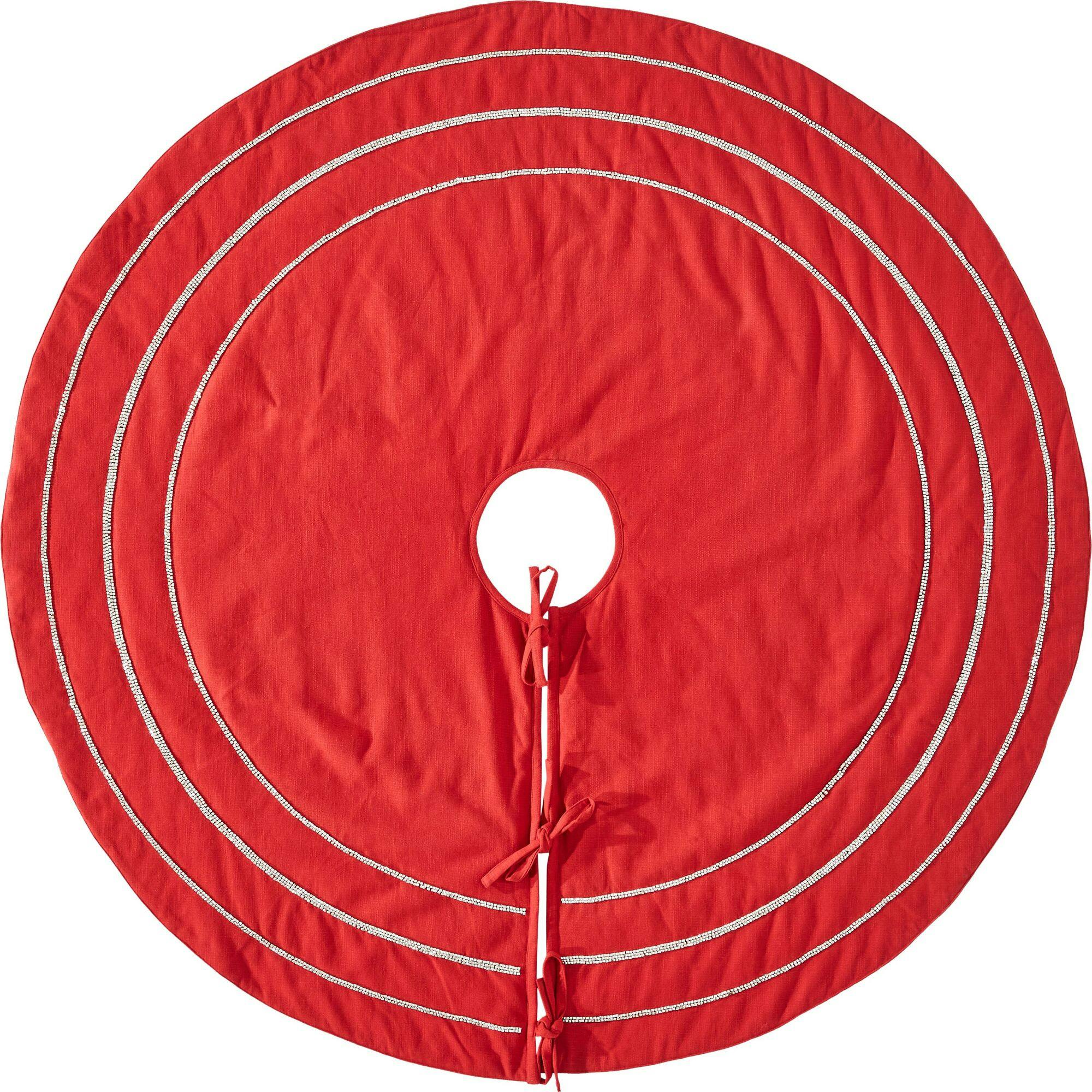Concentric Nailhead Circles Christmas Tree Skirt in Red Linen - 60