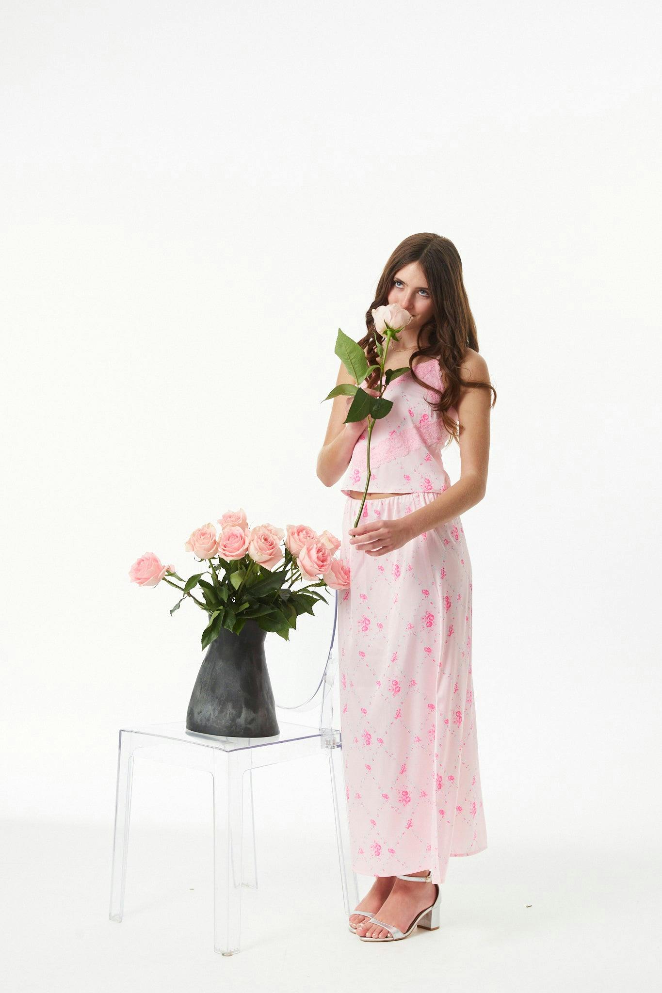 Margot Vintage Rose Ballet Pink With Ballet Pink Lace Satin Tank With Lace Trim