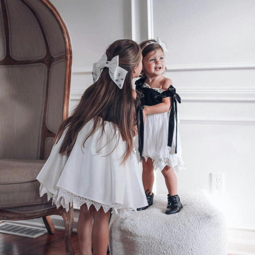 Audrey Black Velour Top and White Sateen Dress