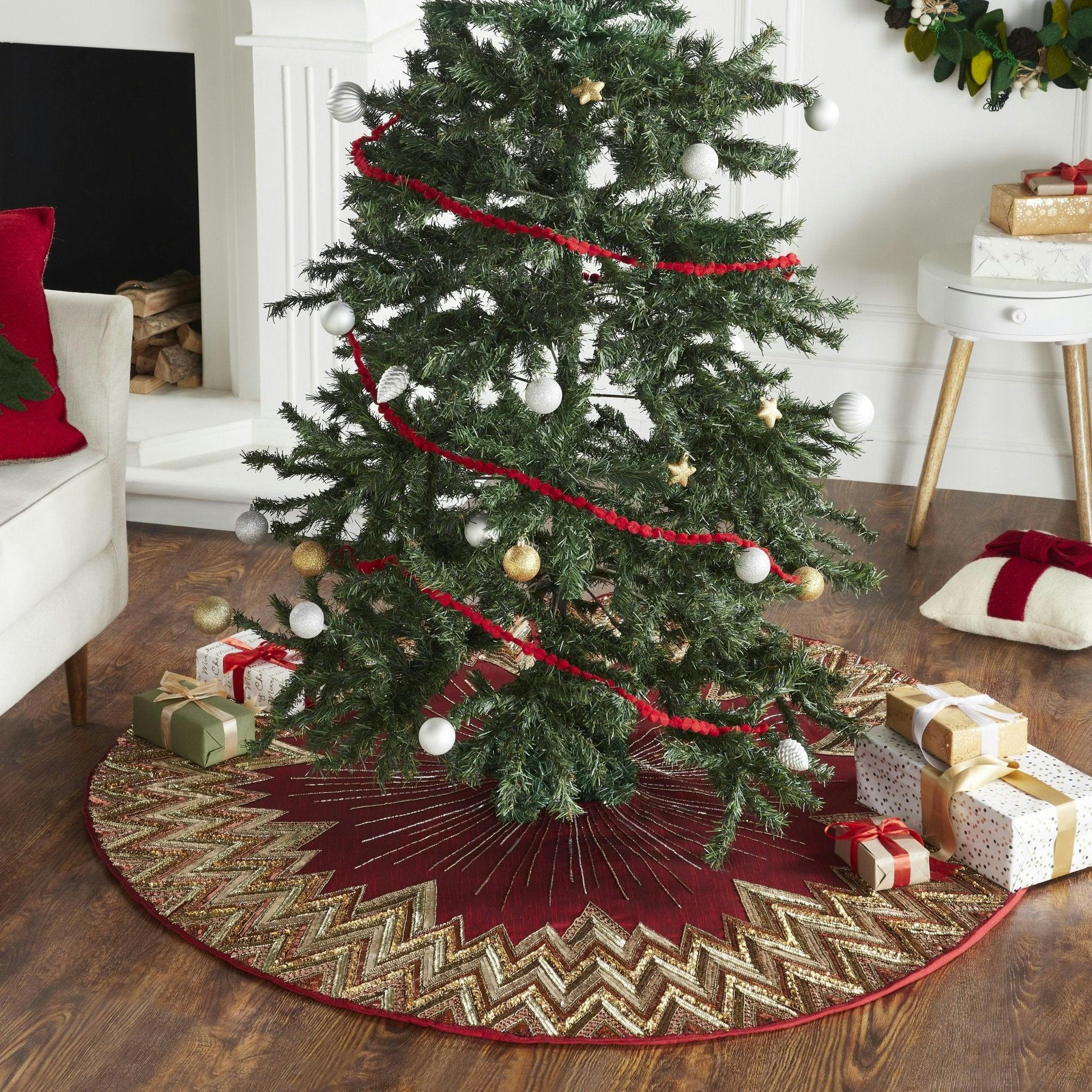 Handmade Christmas Tree Skirt - Hand Beaded Metallic Starburst on Garnet Red- 60